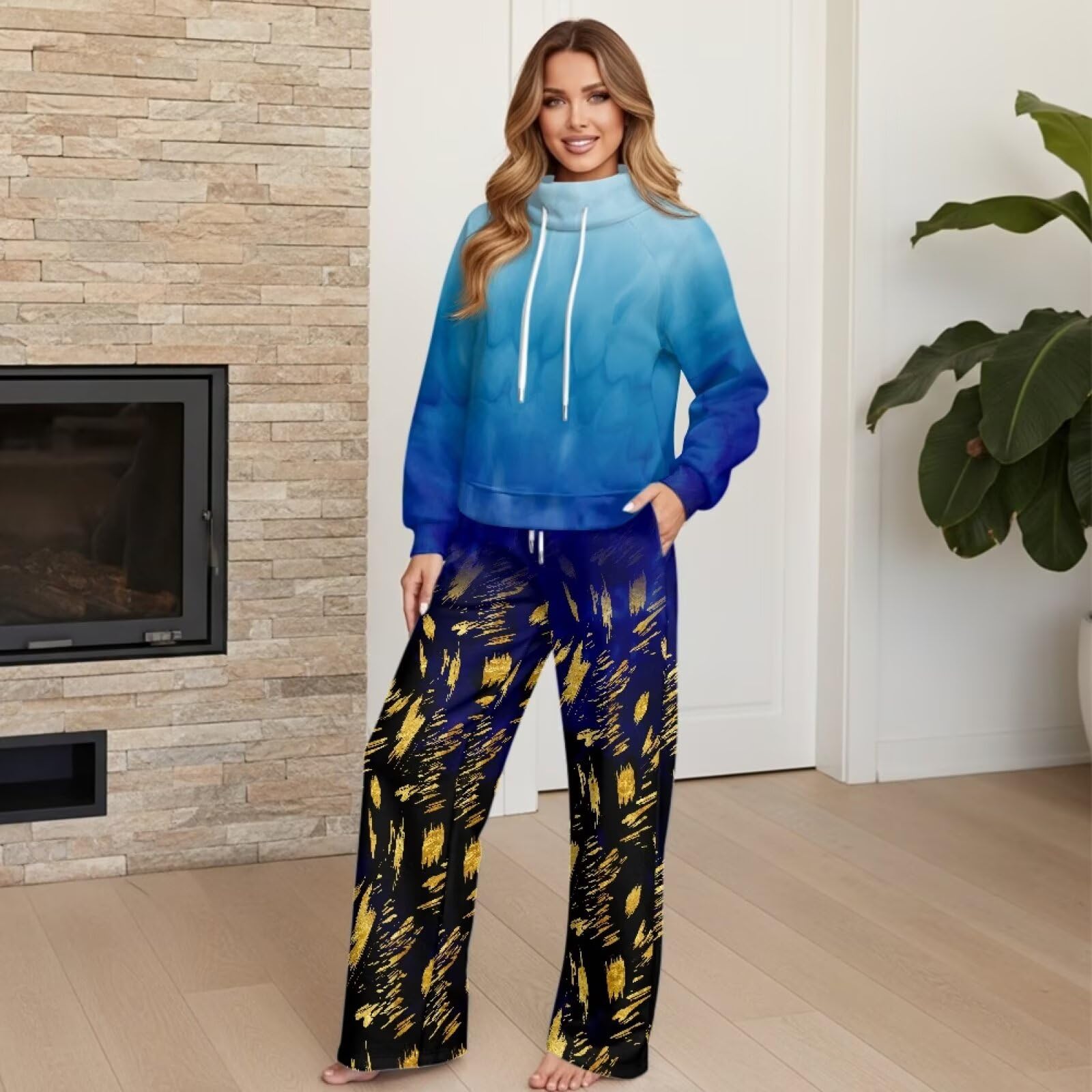 Xoenoiee Conjunto de 2 piezas con estampado de teñido anudado azul para mujer, conjunto de chándal de moda para otoño, sudadera de manga larga y pantalones deportivos de pierna ancha a juego, talla XS