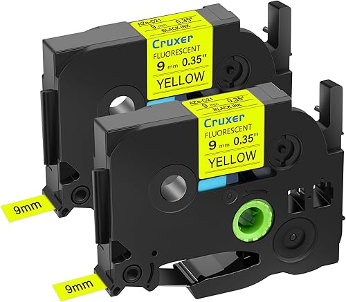 Paquete de 2 cintas de etiquetas de 0.354 in TZe-C21 compatibles con Brother TZ-C21 Txet negro sobre amarillo laminado fluorescente, cinta de