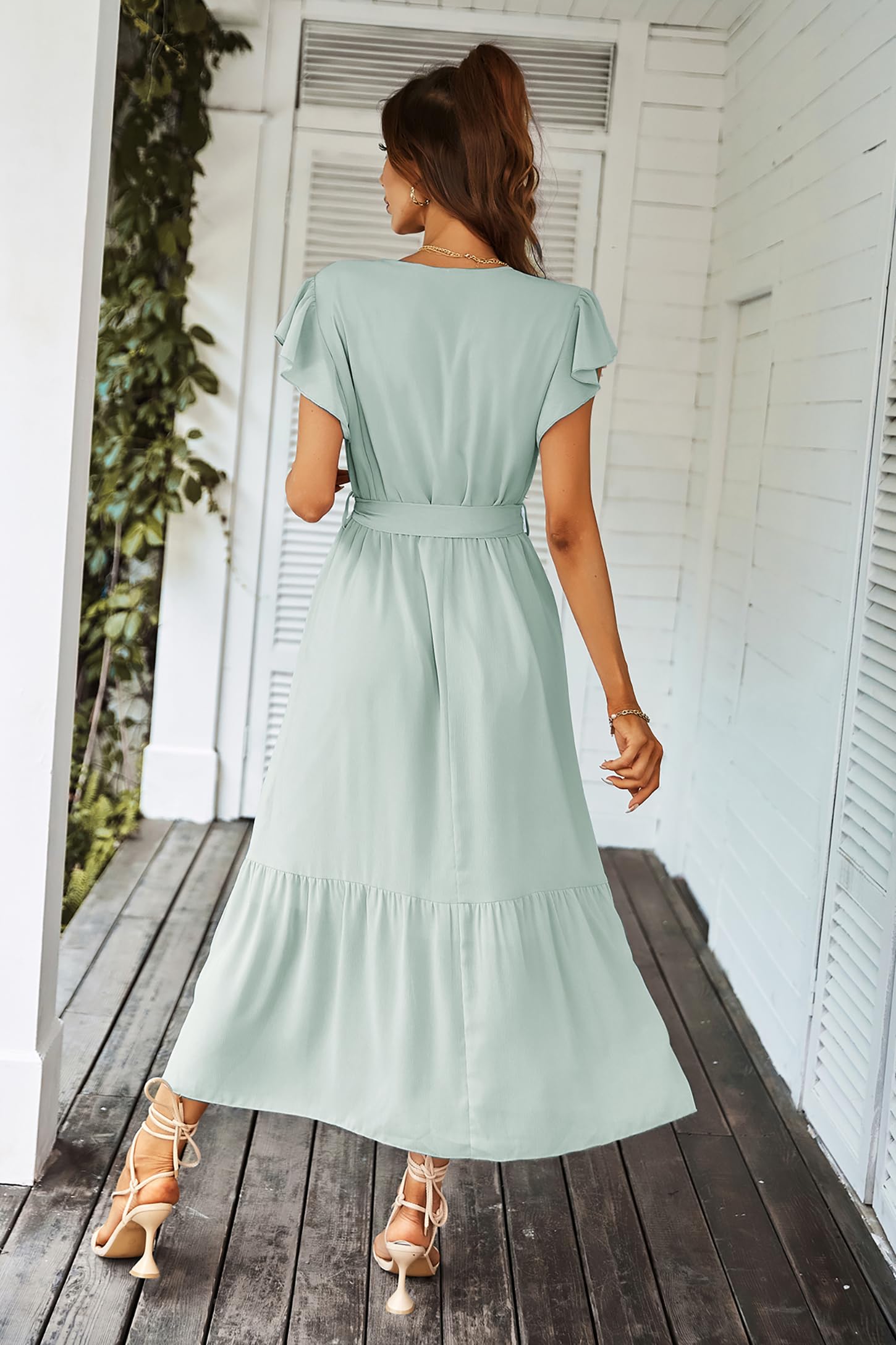 Awemeal Vestido de verano para mujer, elegante, cuello de pico, manga corta, vestido de verano, bohemio, floral, con cinturón, volantes, dobladillo envolvente, vestido de playa, línea A, vestido largo
