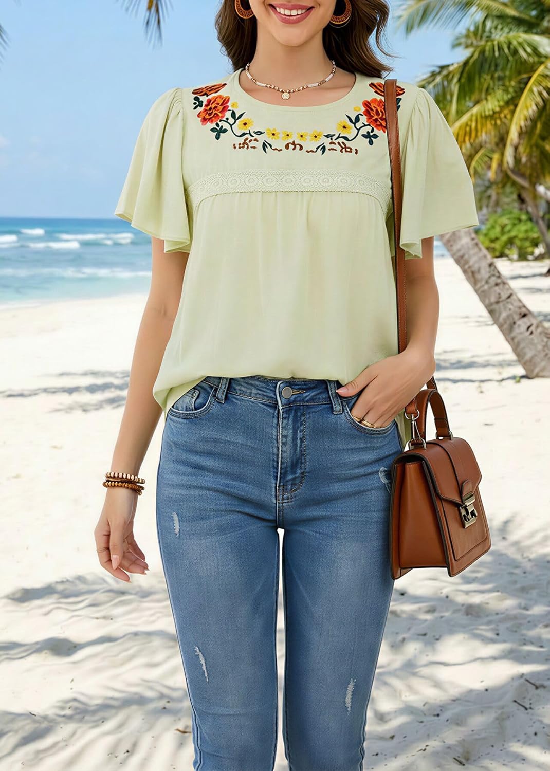 Womens Summer Cotton Floral Embroidered Tops Crewneck Short Sleeve Shirts Casual Blouses Boho Clothing Trendy 2025 - Image 4
