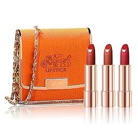 Newvenper 3 Colors Matte Lipstick Set Lip Stick with Red Chain Bag Package Velvet Lip stick Set Waterproof Non-Stick Cup Long Lasting Retractable Red Lipstick Set 3.5gx3 Pcs