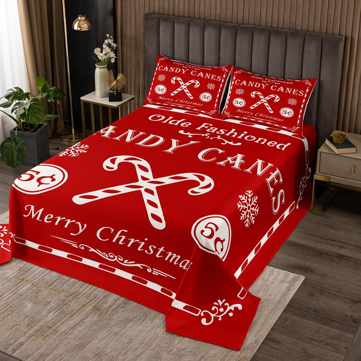 jejeloiu Christmas Bedspread for Kids Boys Girls Christmas Quote Quilted Coverlet Queen Size Candy Canes Print Coverlet Set Bedroom Decor Xmas Red Quilted 3Pcs