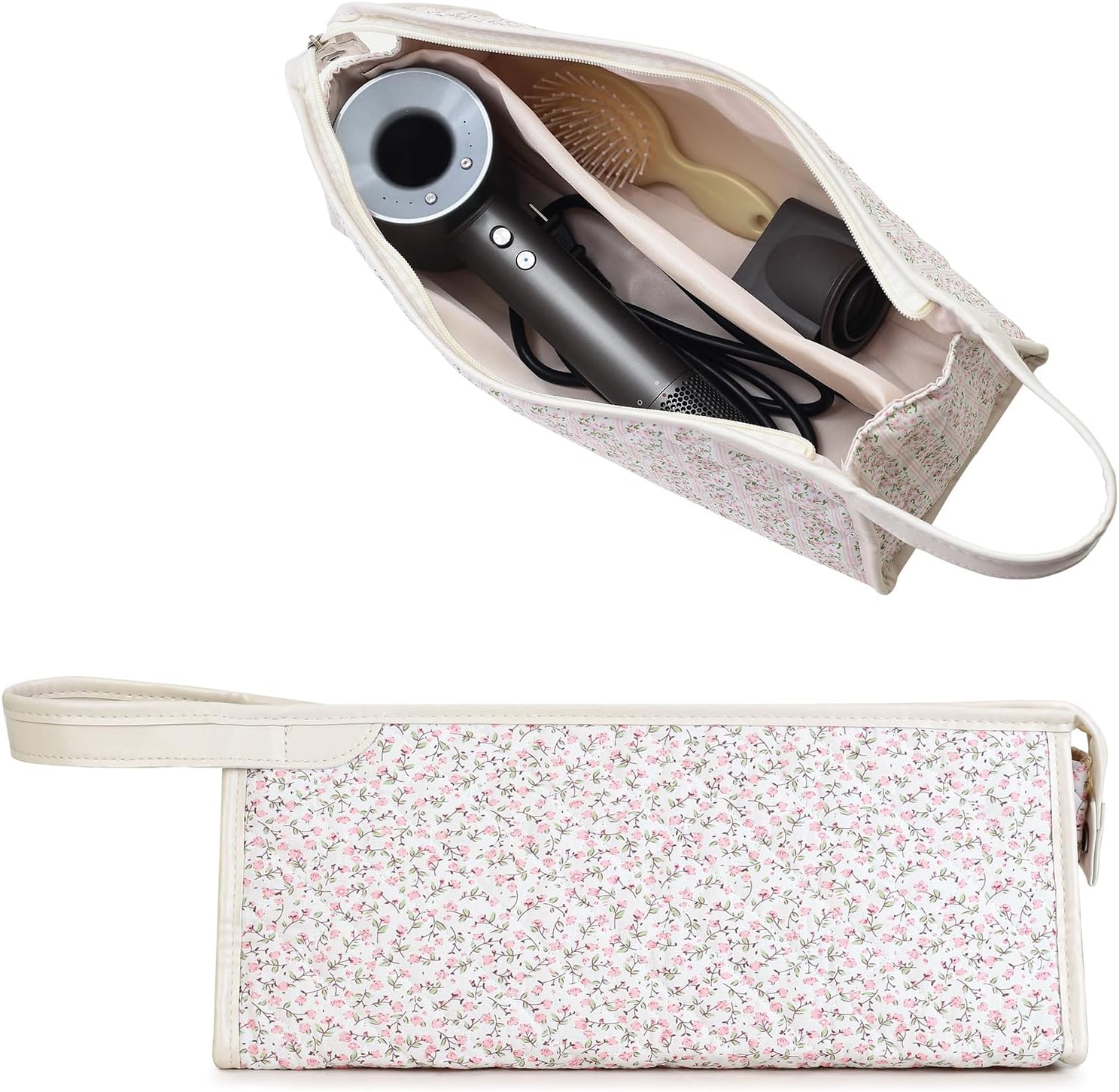 Large Quilted Travel Case, Floral Carrying Storage Bag Hair Dryer and Attachments, Portable Hair Tool Bag with Handle