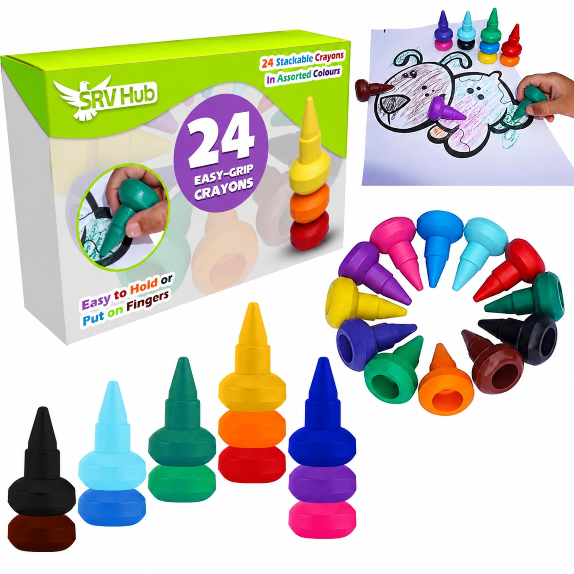 SRV Hub 24x Stackable Easy Grip Crayons for Toddlers – Non-Toxic, Washable Multicolor Christmas Crayons for Kids, Safe Art Set for Boys & Girls, Xmas Gift, Birthdays & Party Fillers