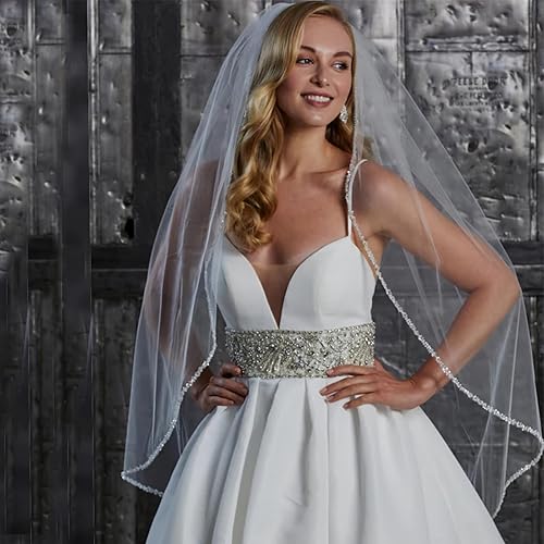 Miniatura 5 de Wedding Bride Veil 1 Tier Fingertip Length Pearls Crystal Beaded Edge Tulle for Bridal Veils with Comb