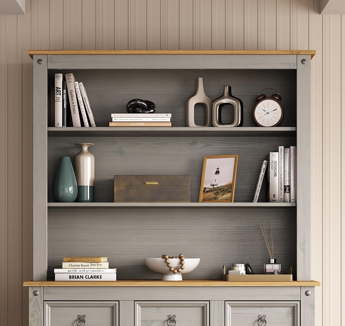 Corona Sideboard Hutch Grey Painted Solid Wood Pine Welsh Dresser Top Large – Mexican Style with Open Shelves Rustic Wooden Display & Storage Unit