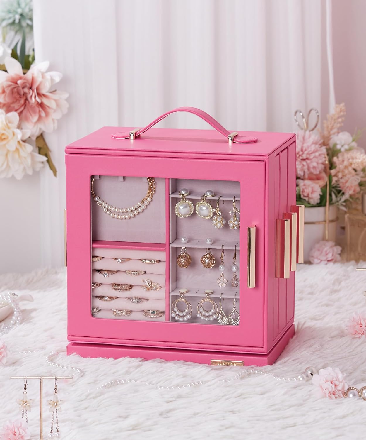 Homde Jewelry Box 360° Rotating, Necklace Earring Organizer with Transparent Window, Mirror, 7 Drawers, Large Ring Display Storage Case for Girls Women (Pink)