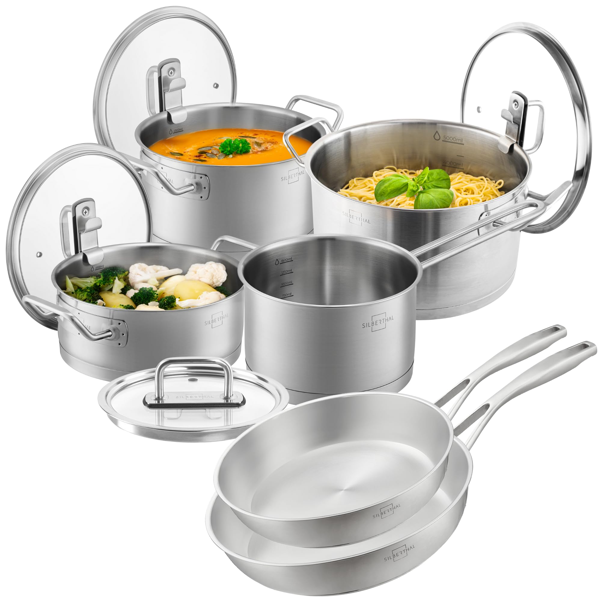 SILBERTHAL Set Pentole 16/20/24 e Padelle 24/28 cm Inox - No Rivest. | Casseruole 16, 20, 24 cm e padelle 24, 28 cm - Acciaio inox senza rivestimento - Per tutti i piani cottura - Grande capacità