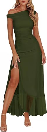 Caracilia Womens Summer Off Shoulder Formal Dress Floral Mesh Bodycon Ruched Split Cocktail Wedding Guest Party Maxi Dresses