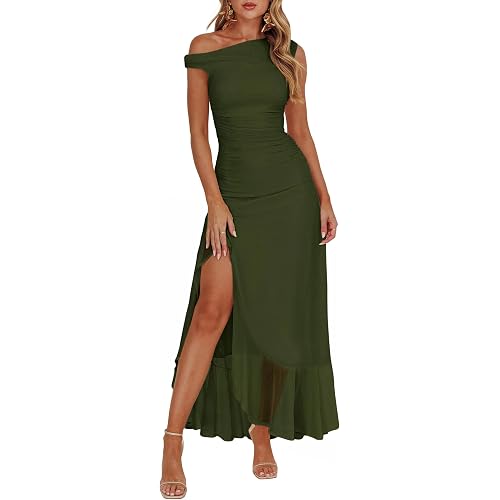 Caracilia Womens Summer Off Shoulder Formal Dress Floral Mesh Bodycon Ruched Split Cocktail Wedding Guest Party Maxi Dresses