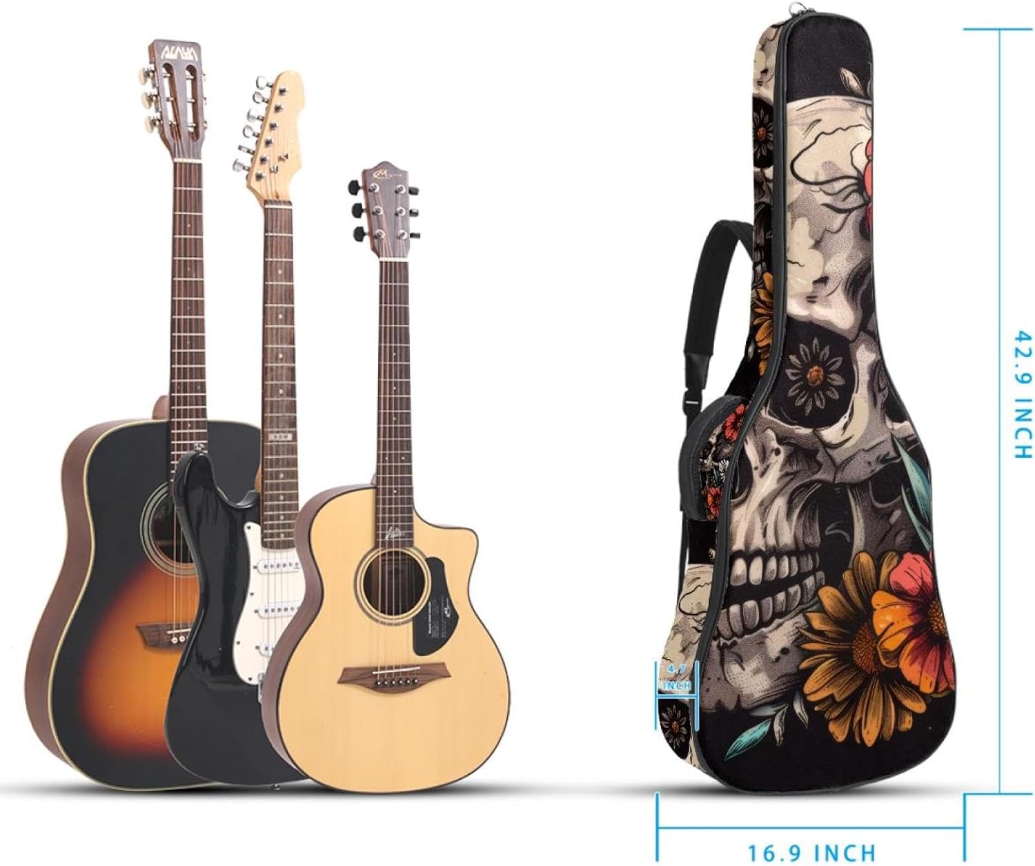 40 41 42 Inch Guitar Bags, Waterproof Padded Acoustic Guitar Case Backpack with Adjustable Shoulder Strap & Pockets, Skull and Flowers Day of the Dead on Black