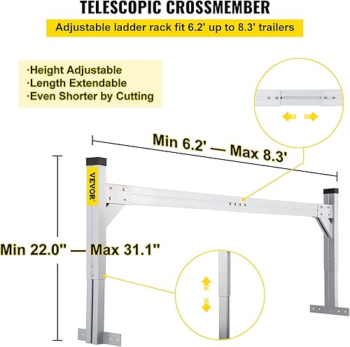 Miniatura 4 de VEVOR Bastidores universales para escalera de techo, 6.2 a 8.3 pies, estantes ajustables para furgonetas, 330 libras de capacidad, de aluminio, para