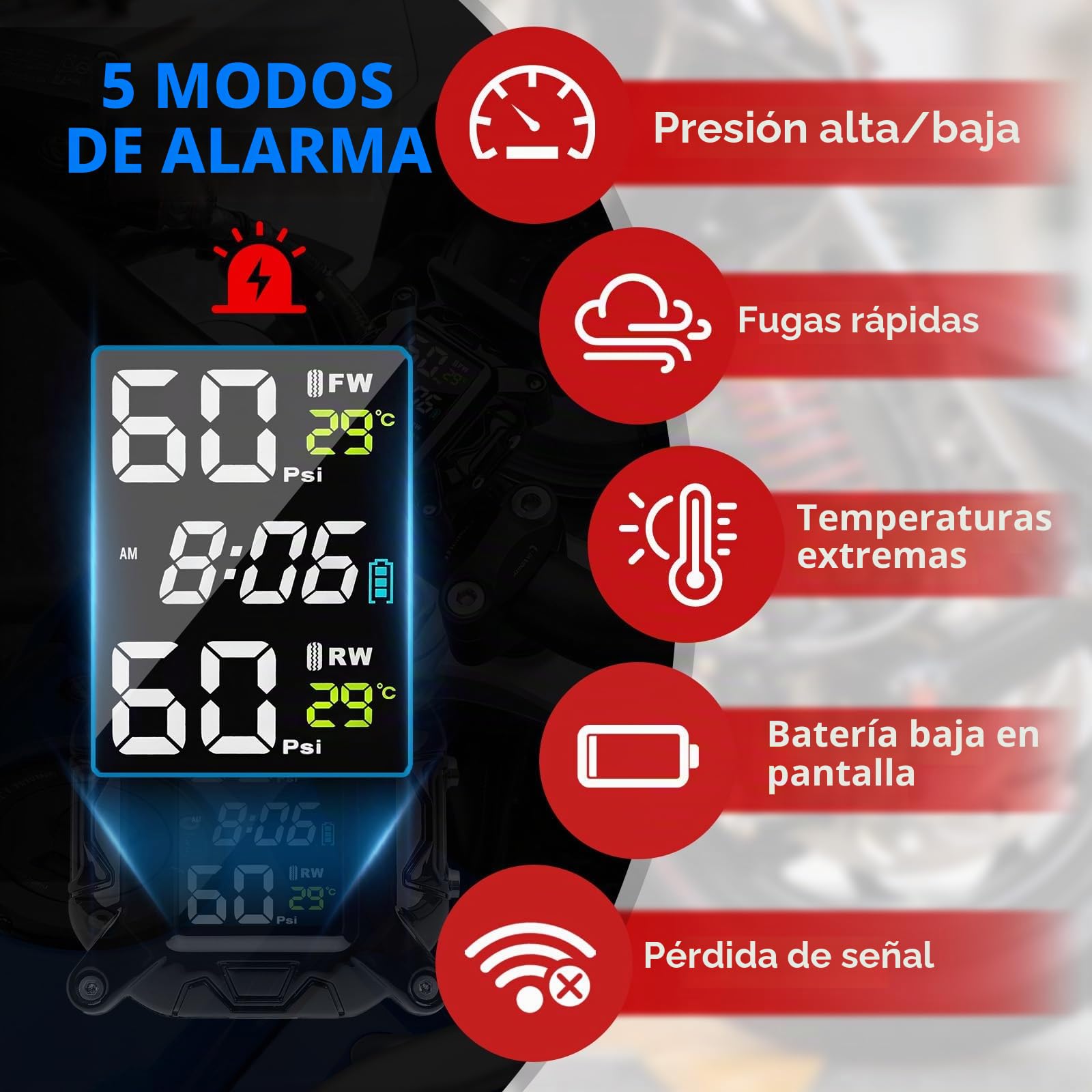 Sistema de monitoreo de presión de neumáticos TPMS para motocicleta, sensor de presión de neumáticos inalámbrico, 5 modos de alarma, carga magnética USB/solar, diseño impermeable IP67, con 2