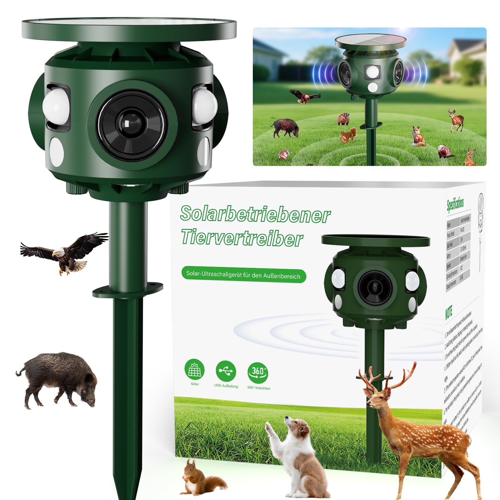 Katzenschreck Ultraschall Solar Tiervertreiber, Marderschreck für Garten mit 5 einstellbaren Modi, Katzenabwehr Marderabwehr für Katzen Hunde Marder Mäuse Vögel, 10m Reichweite zur Tierabwehr