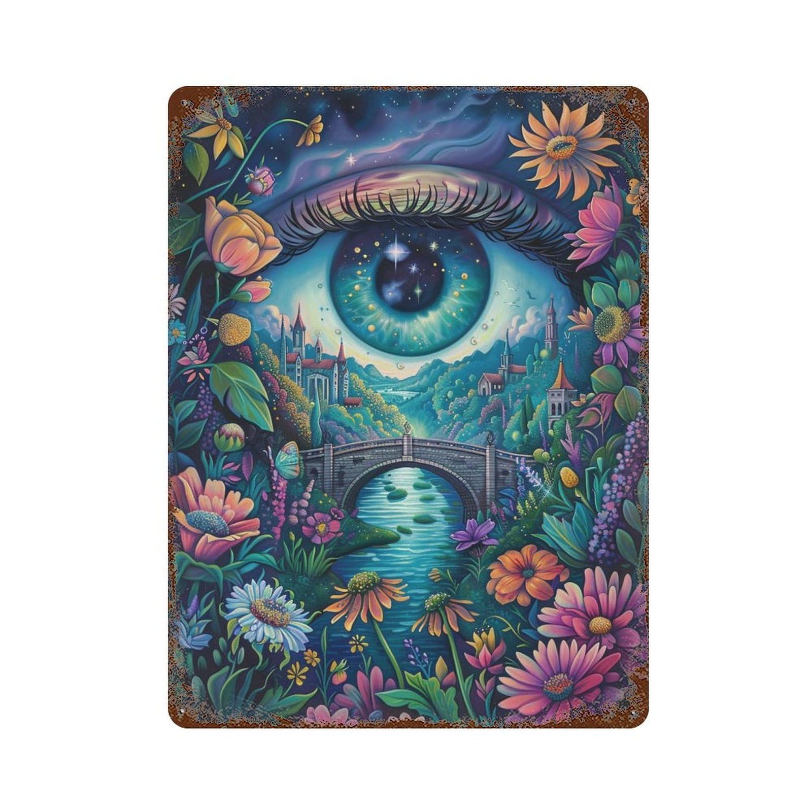 Fantasy Garden with Eye Skyline 15.7"x11.8" Rust Effect Tin Sign, Vintage Wall Decor for Farmhouse, Kitchen And Entryway Decor