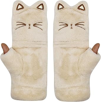 Women Girls Soft Faux Fur Convertible Flip Top Gloves Cute Cat Fingerless Winter Mittens