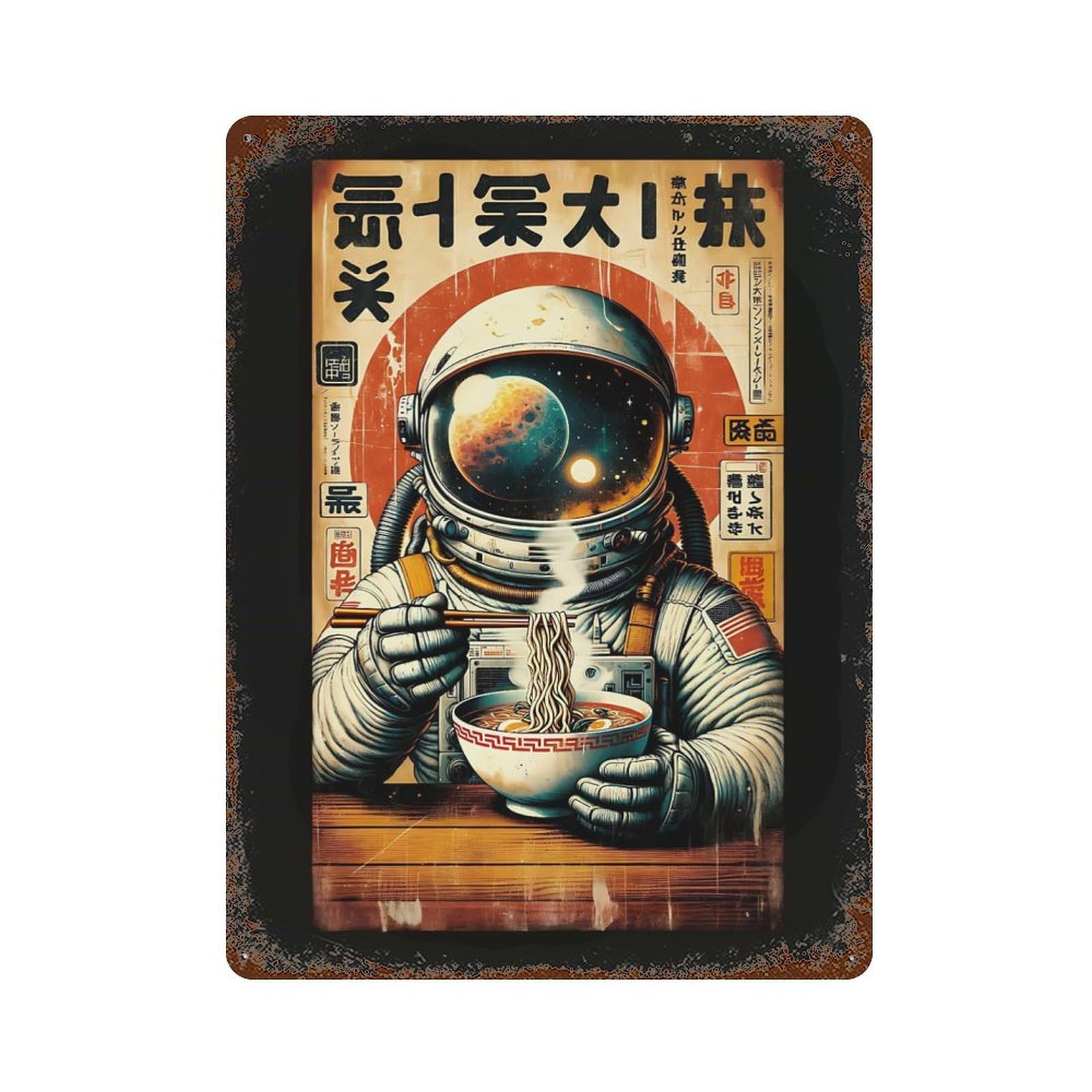 Decorative Tin Sign Astronaut Eating Ramen in Space 15.7"x11.8", Decorative Metal Wall Art for Garage, Bar And Workshop Decor