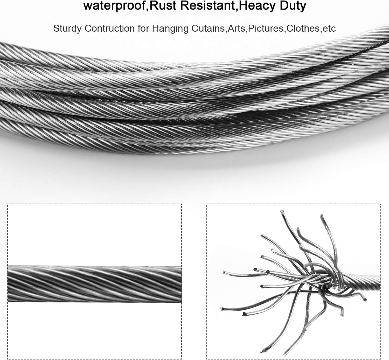 OOTSR Wall Mount Art Projects Display Curtain Wire Rod Set (5 Meters) with 20 Clips - Stainless Steel Photo Hanging Wire Clothesline Wire Window Curtain Tension Wire Multi-Purpose Crafts Organizer