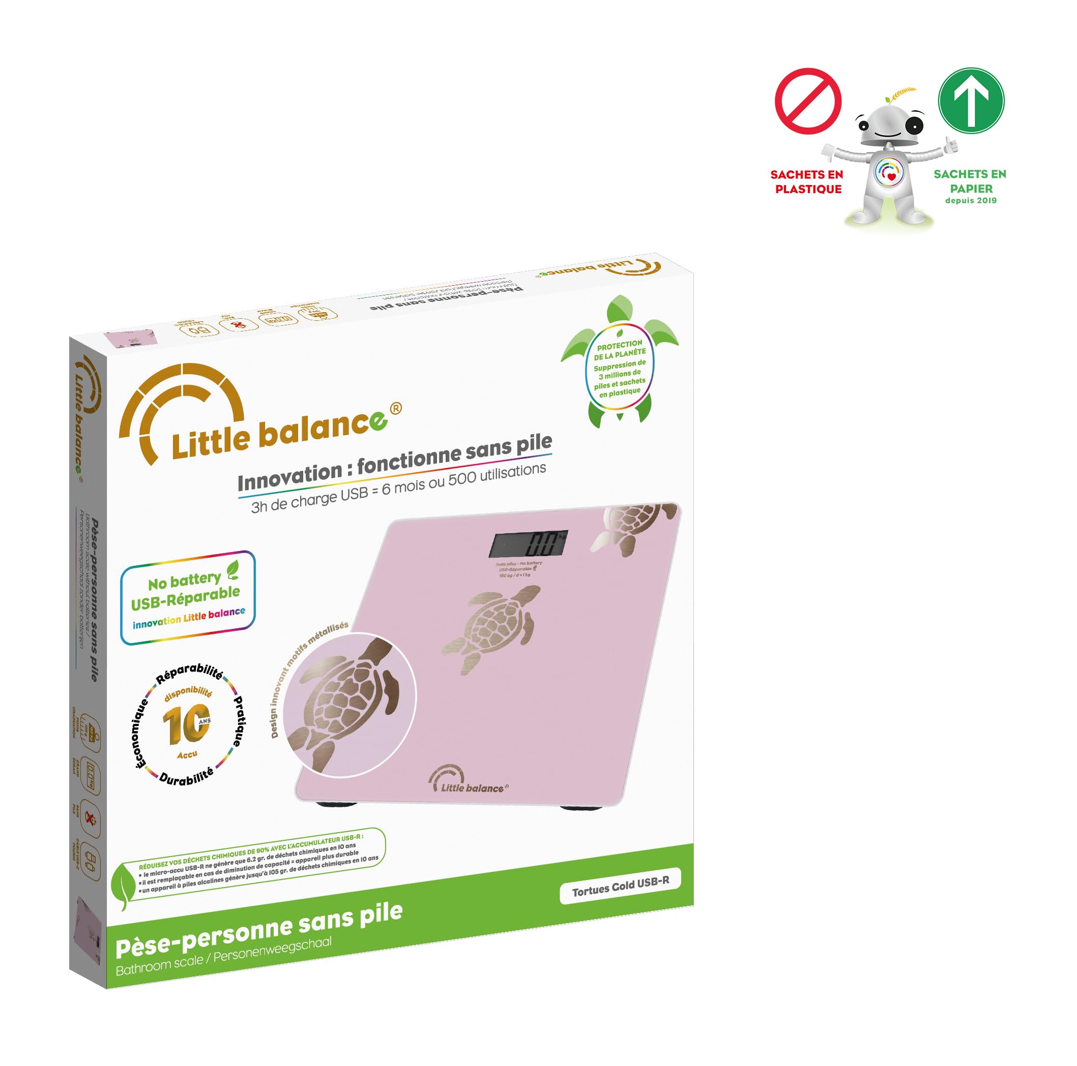 LITTLE BALANCE 8729 Tortugas Gold Metalizadas, Báscula personal sin pila, Recargable USB, Reparable, 180 kg, Diseño Oro Metalizado