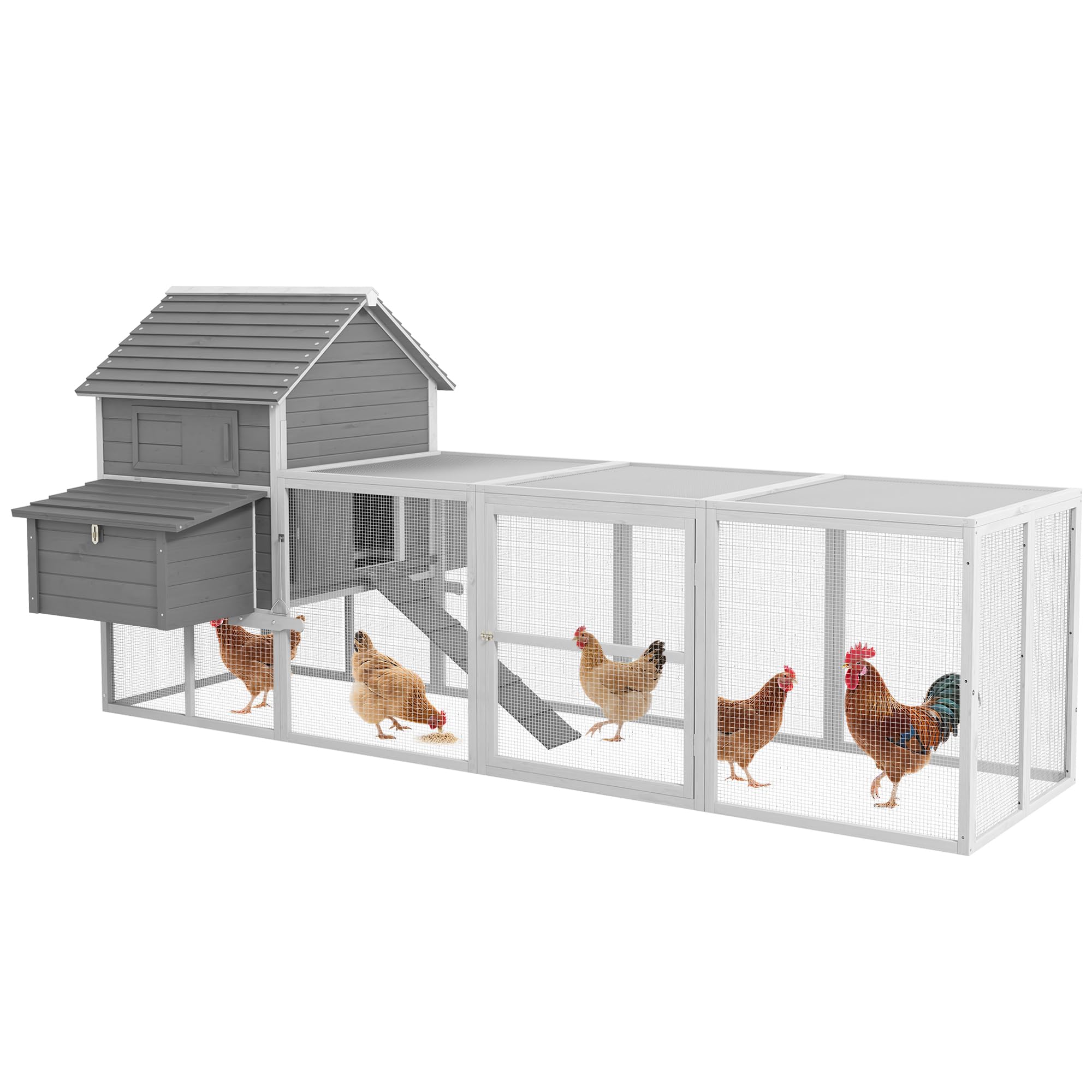 PawHut Pollaio in Legno con 2 Nidi, Pollaio per Galline Ovaiole da Esterno, Casetta per 4-6 Galline con Rampa e Area Aperta Recintata, Facile Pulizia, 310.5x149.5x149 cm, Grigio