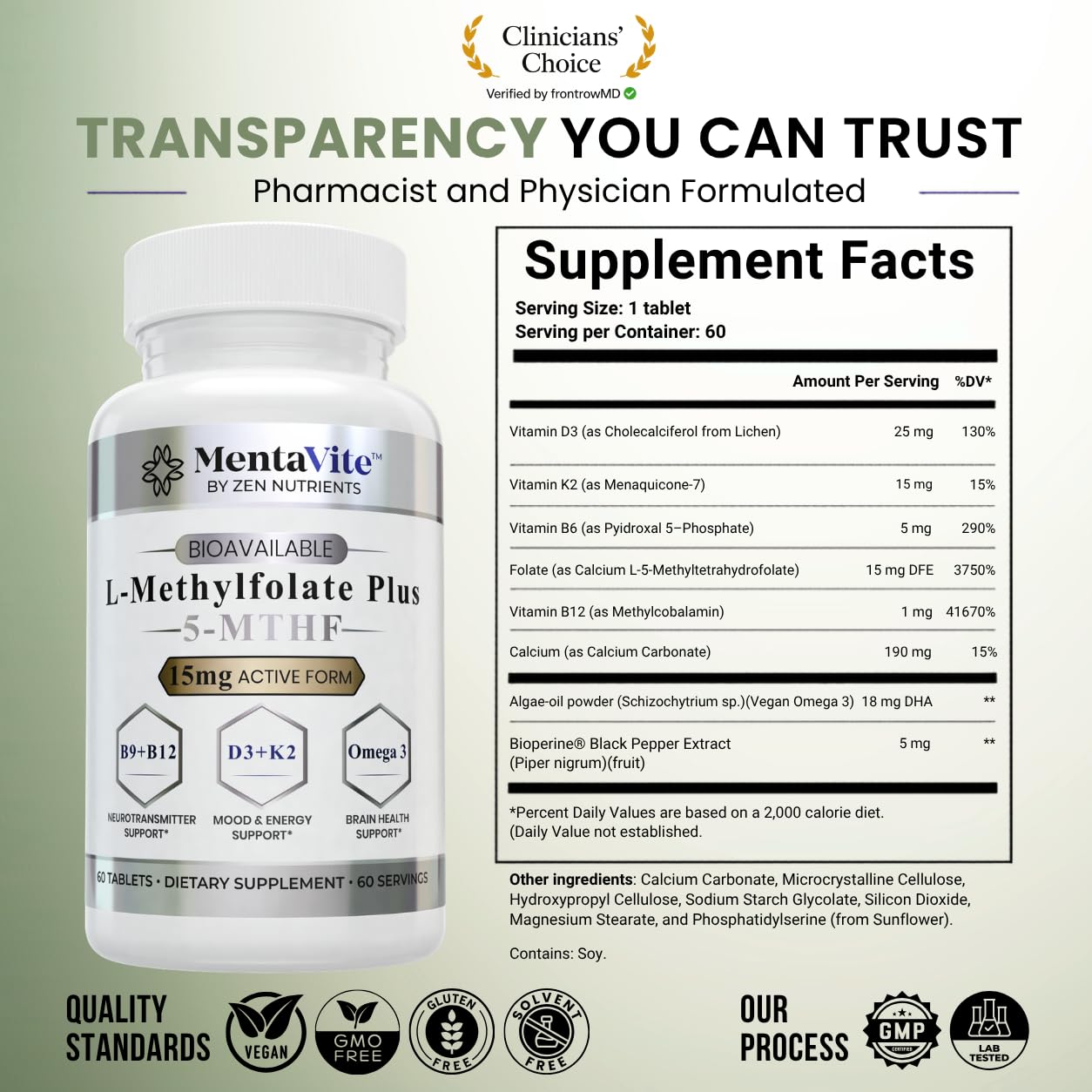 L-Methylfolate 15 mg Liposomal Matrix - Active 5-MTHF with Methylcobalamin (B12), B9, Omega 3, D3 + K2 - Methyl Folate Supplement Supports Mood, Methylation, Cognition, Vegan, 60 Tablets/Servings — Amazon image 3