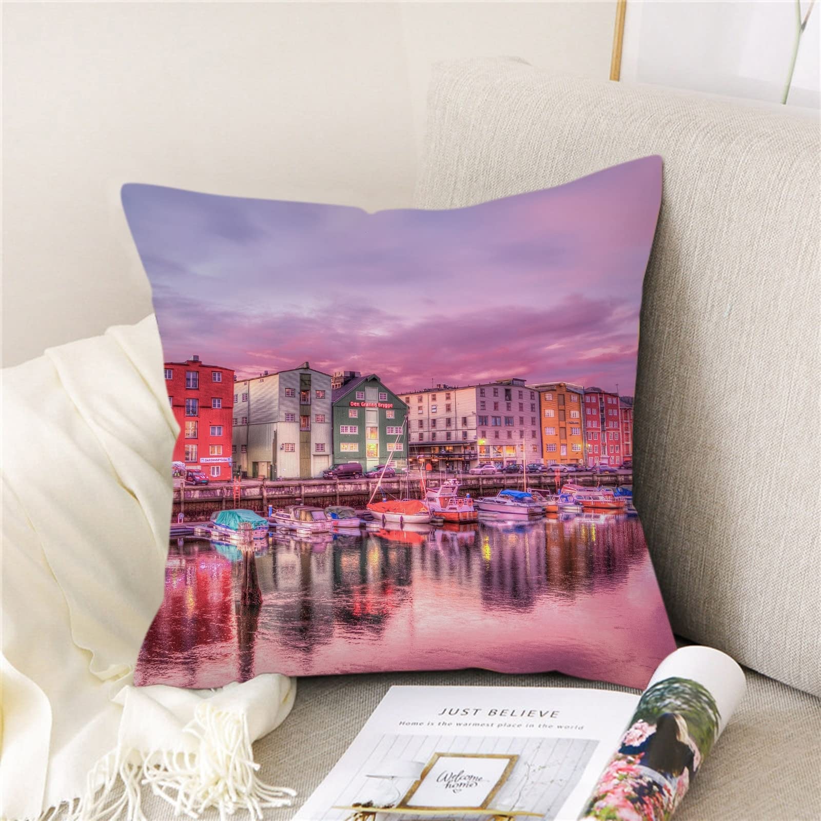 AmDxD Zestaw 4 dekoracyjnych poszewek na poduszki, 50 x 50 cm, miękkie poszewki dekoracyjne z widokiem w nocy, z motywem plaży i miasta, z poliestru, na sofę (zestaw 4 szt., wielokolorowe)