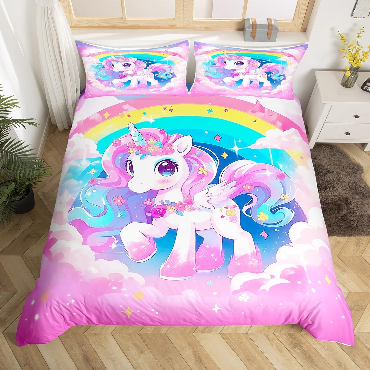 Housse de couette licorne lit simple violet ciel étoilé nuages arc-en-ciel