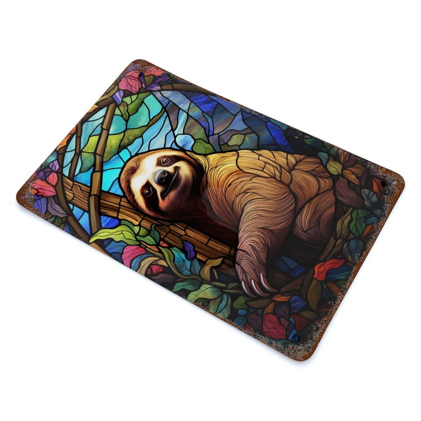 Vintage Rust Metal Sign with Sloth Stained Glass WIndow Design 11.8"x7.9", for Shed, Workshop And Garage Wall Decor, Classic Wall Plaque