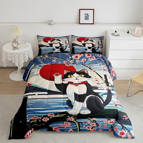 Miniatura 25 de Feelyou - Juego de edredón de olas japonesas tamaño queen para niños, flores de cerezo, edredón para niños, niñas y adolescentes, decoración de Azul