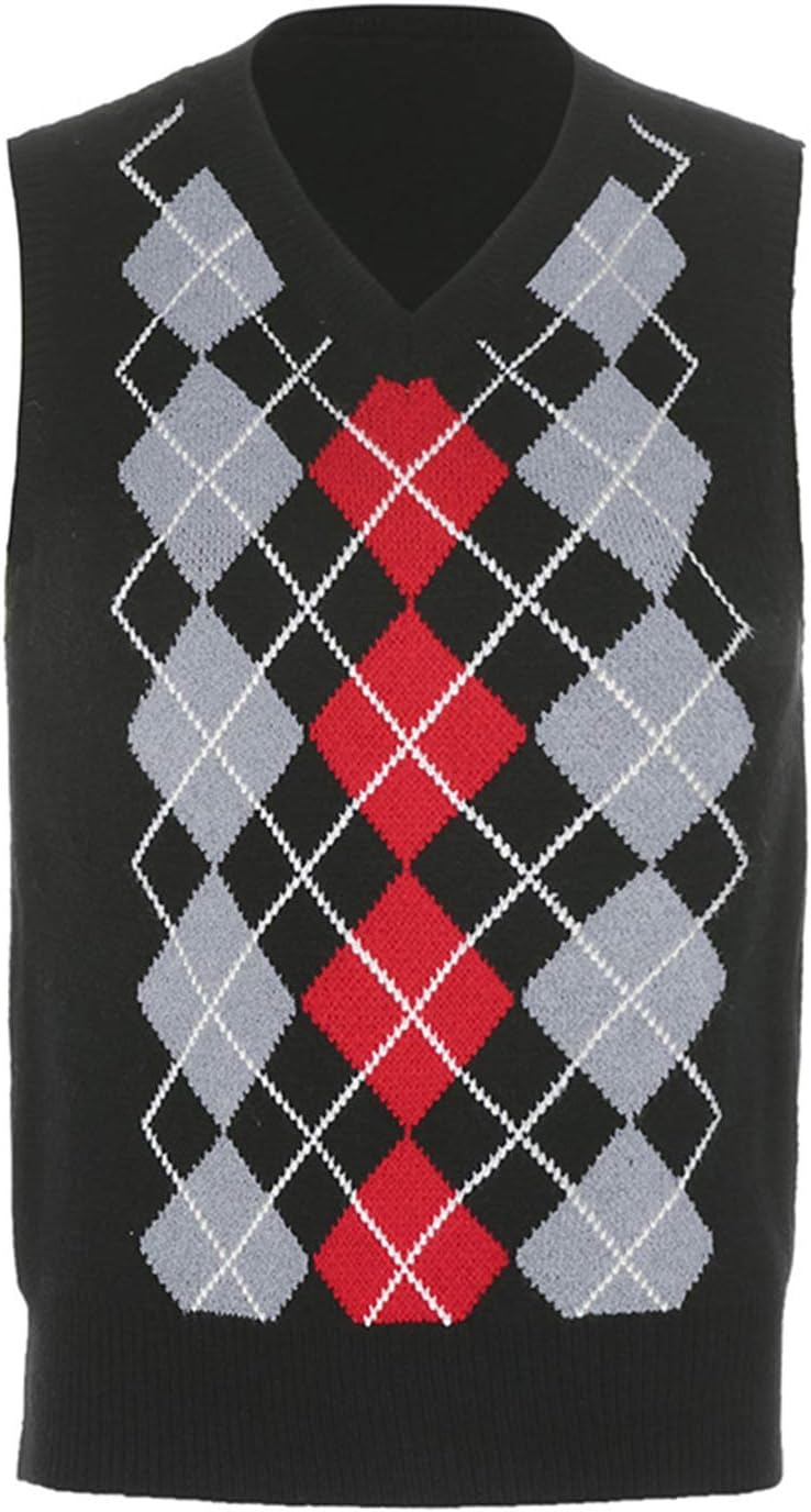 Women Sweater Vest Crop Top V Neck Sleeveless Knitted Pullover Sweaters Y2K Plaid Streetwear Knitwear Tank Top (Black, M)