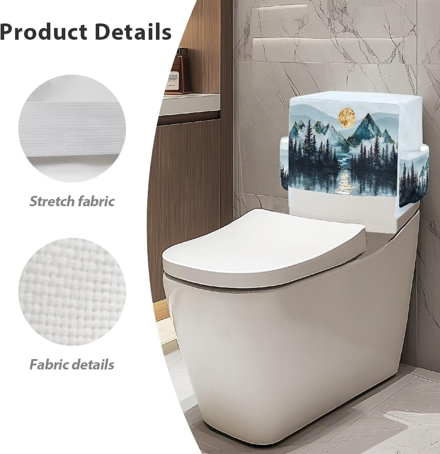 Tree Mountain Moon Pattern Bathroom Toilet Tank Cover with Side Pockets, Wear Resistant Bathroom Decoration Easy to Clean Bathroom Toilet Tank Protection Fit for Most Toilets