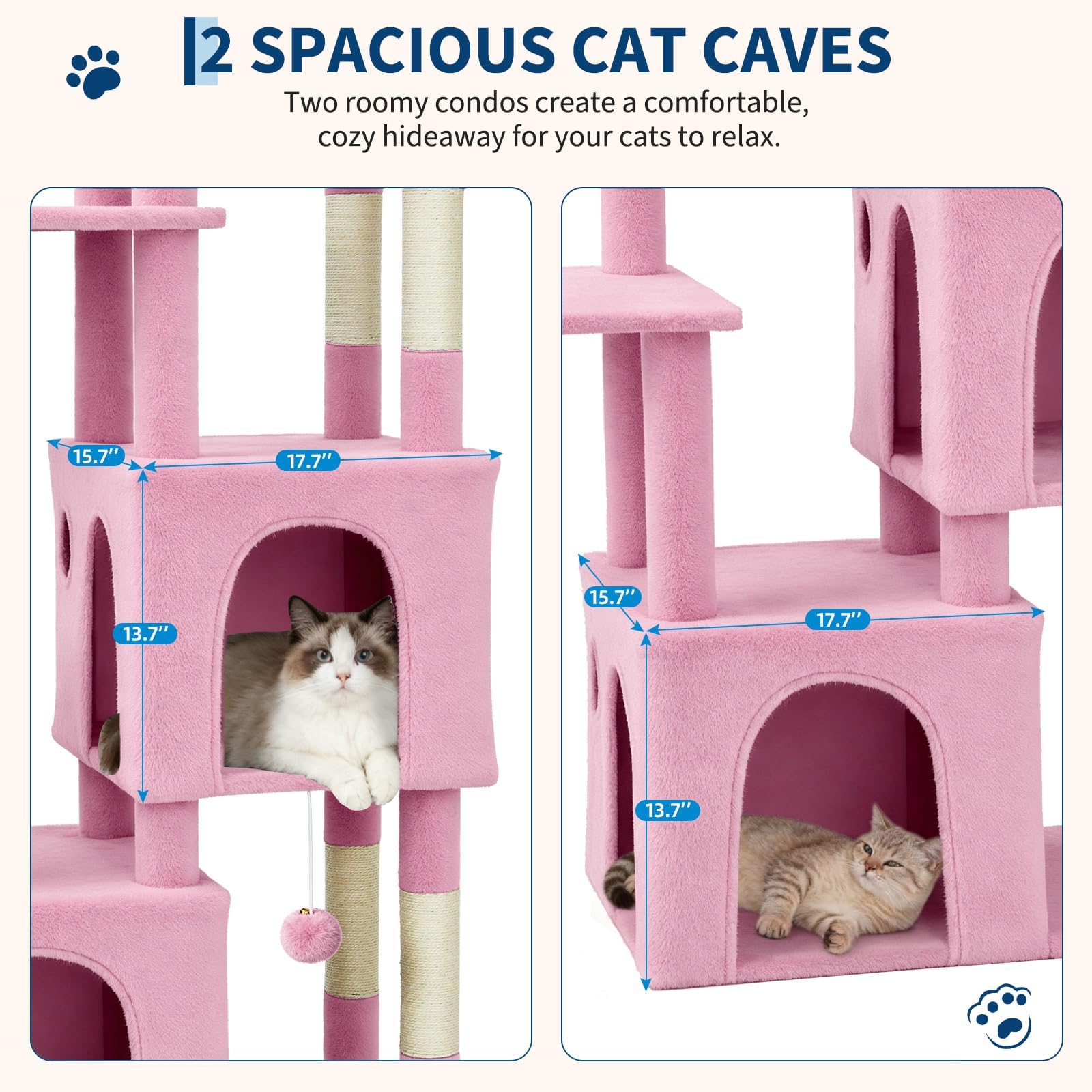 Garvee Arbre à Chat 157cm Stable pour Grands Chats et Maine Coon – Grand Plateforme, 2 Condos spacieux, poteaux à griffer en sisal Naturel, Jouets Suspendus, Multi-Niveaux pour Plusieurs Chats – Rose