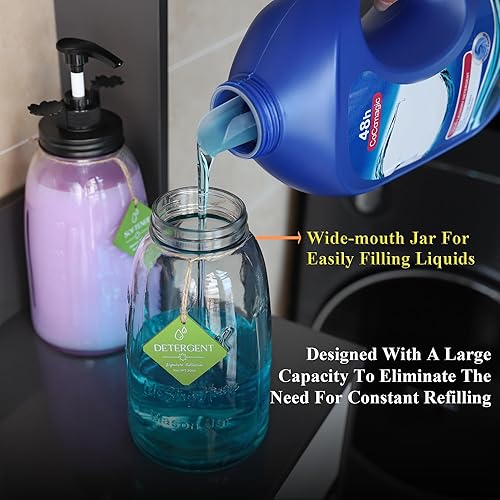 Miniatura 4 de Besuerte - Dispensador de detergente líquido de vidrio para ropa, juego de 2 recipientes de detergente para ropa, recargable y reutilizable,