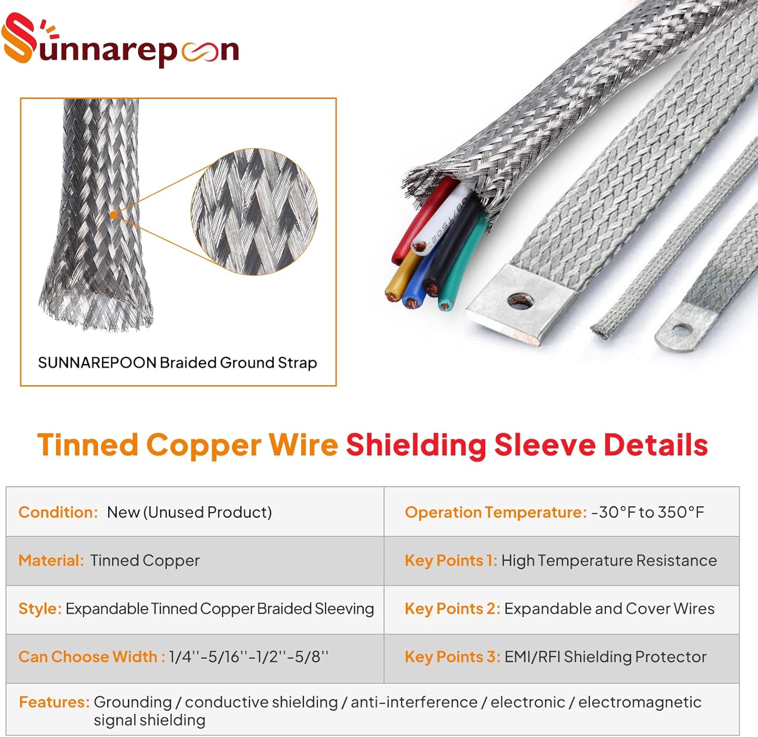 Tinned Copper Wire Shielding Sleeve, Expandable Ground Strap Wiring Braided Sleeving Metal Mesh Sheathing Cabling Wiring Protector (5/16inch - 12ft)