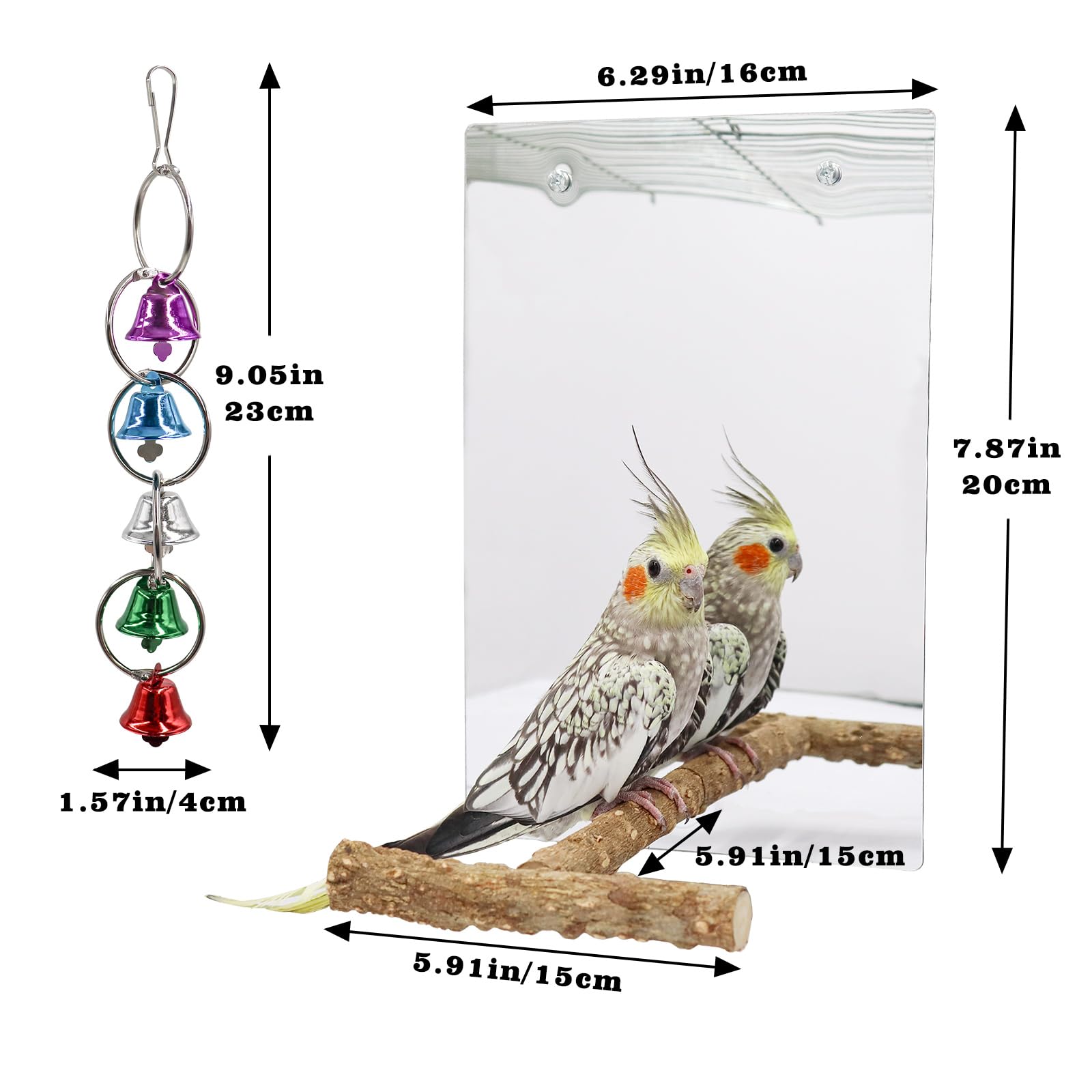 Juguete de espejo para pájaros con soporte de posadera, espejo de periquito con juguetes de campana oscilante para pájaros, accesorios de jaula de pájaros, adecuado para periquitos, cacatúas,