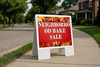 Neighborhood Bake Sale Autumn Frame Colorful Maple Leaves On Red Background A-Frame Double Sided 23x23 in. sign