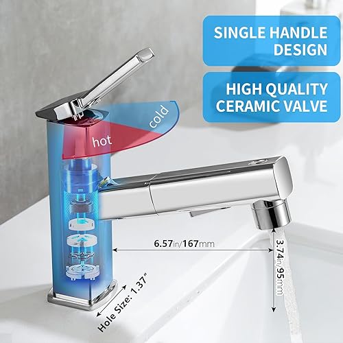HANLIAN Grifo extraíble de baño de un solo agujero con boquilla giratoria grifo de un mango para fregadero de baño grifo de baño moderno con