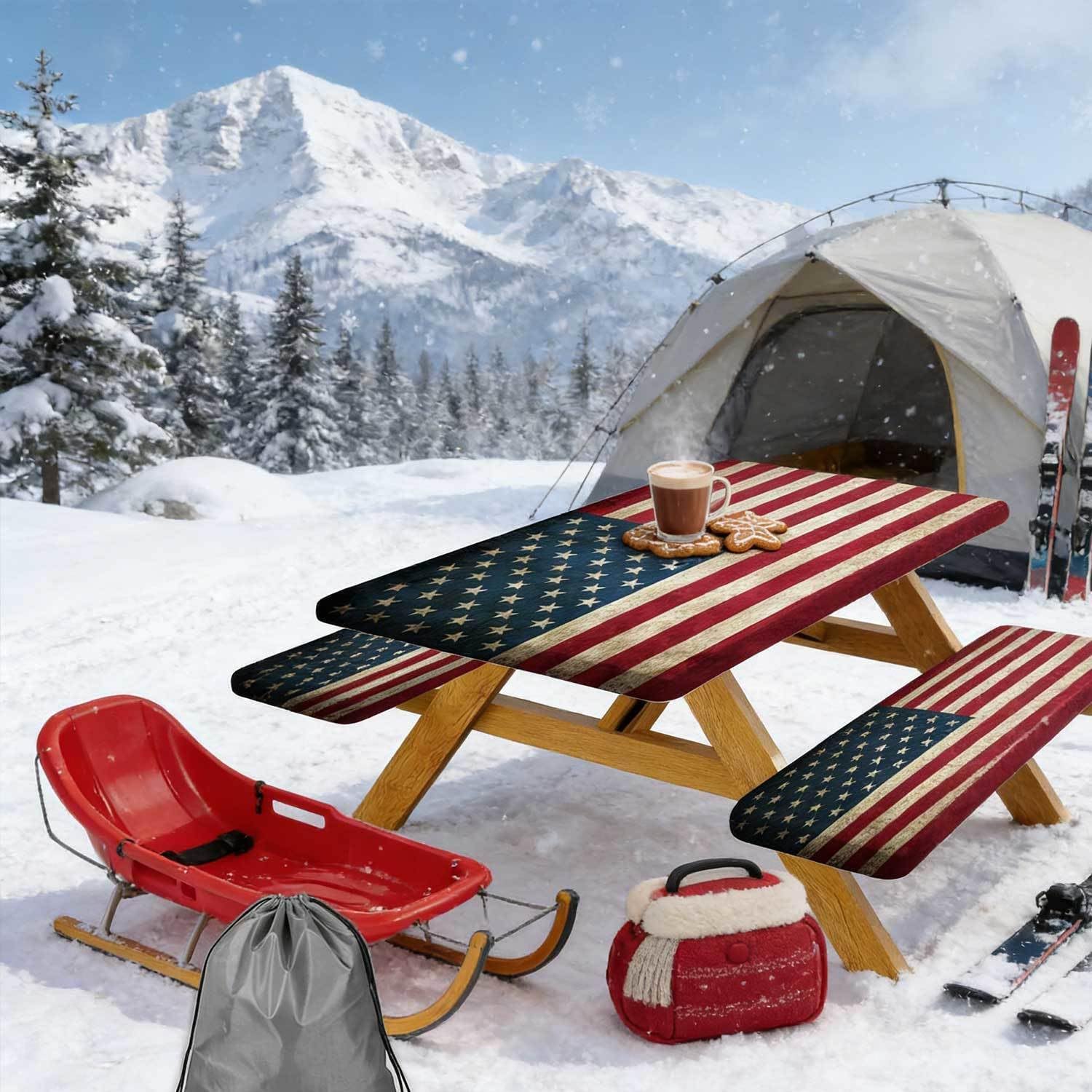 JAWO American Flag Picnic Table Cover with Bench Covers and Carrying Bag, Camping Essentials, Flag Outdoor Table Covers, Waterproof, Fitted Tablecloth Cover with Elastic Edge, 3 PCS, 30X96 Inch