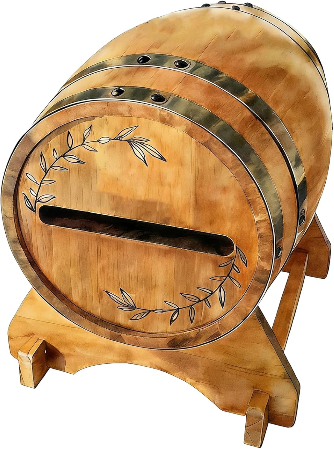 Pine Wood Vintage Cask-Style Card Box with Stable Base,10.7in Long Rustic Wedding Card Holder for Cards & Gifts, Wooden Keepsake Box for Party, Birthday, Graduation