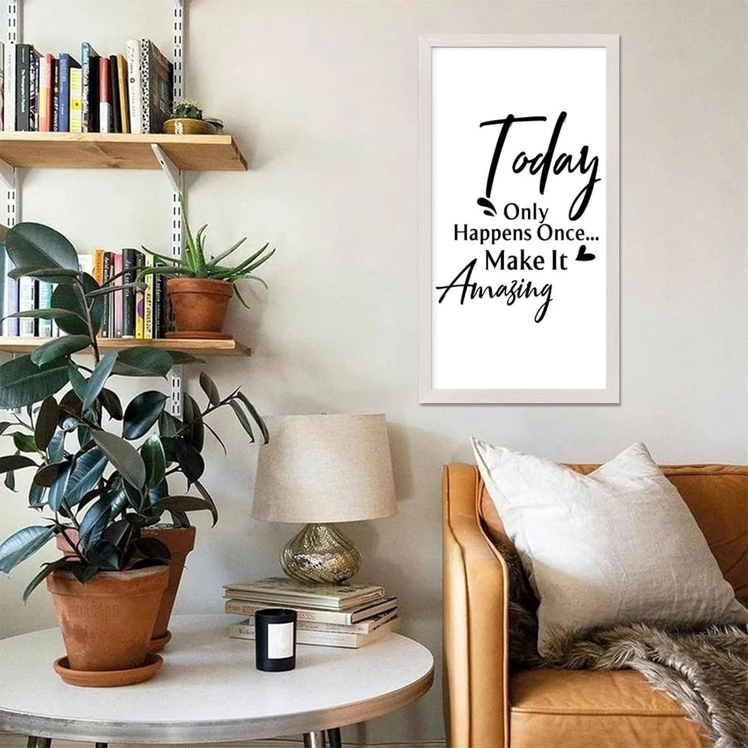 Framed Wood Sign Positive Quotes Today Only Happens Once Make It Amazing Encouragement Quote White Frame Wooden Plaque for CottageCafe Bar Farmhouse Wall Decor Birthday Housewarming Gift 22x12in