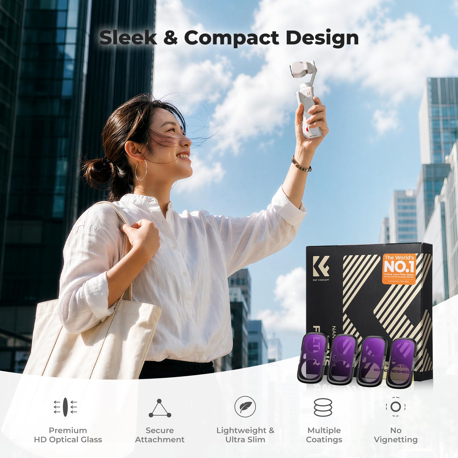 K&F CONCEPT ND4 + ND8 + ND16 + ND32 zestaw filtrów kompatybilny z Insta360 Luna Ultra, filtr o neutralnej gęstości z uchwytem magnetycznym, szkło optyczne, ultracienki, schowany do vlogów i