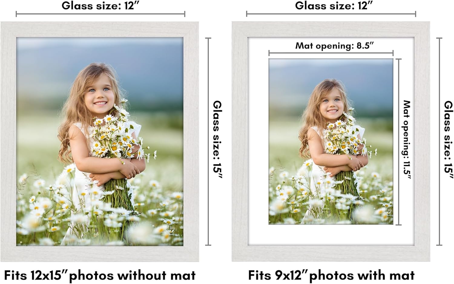 Americanflat 12x15 Picture Frame with Shatter-Resistant Glass - Use as 9x12 Frame with Mat or 12x15 Frame Without Mat - Hudson Collection - Wide Photo Frame for Wall display - White (Pack of 3)