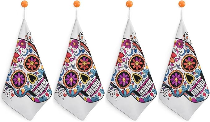 Sugar Skull Kitchen Towels Set -4PCS Super Absorbent Hand Towels, Soft Face Towel Set with Hanging Loop Lightweight Quick Dry Microfiber Dish Towels for Yoga Camping Hotel Spa Travel