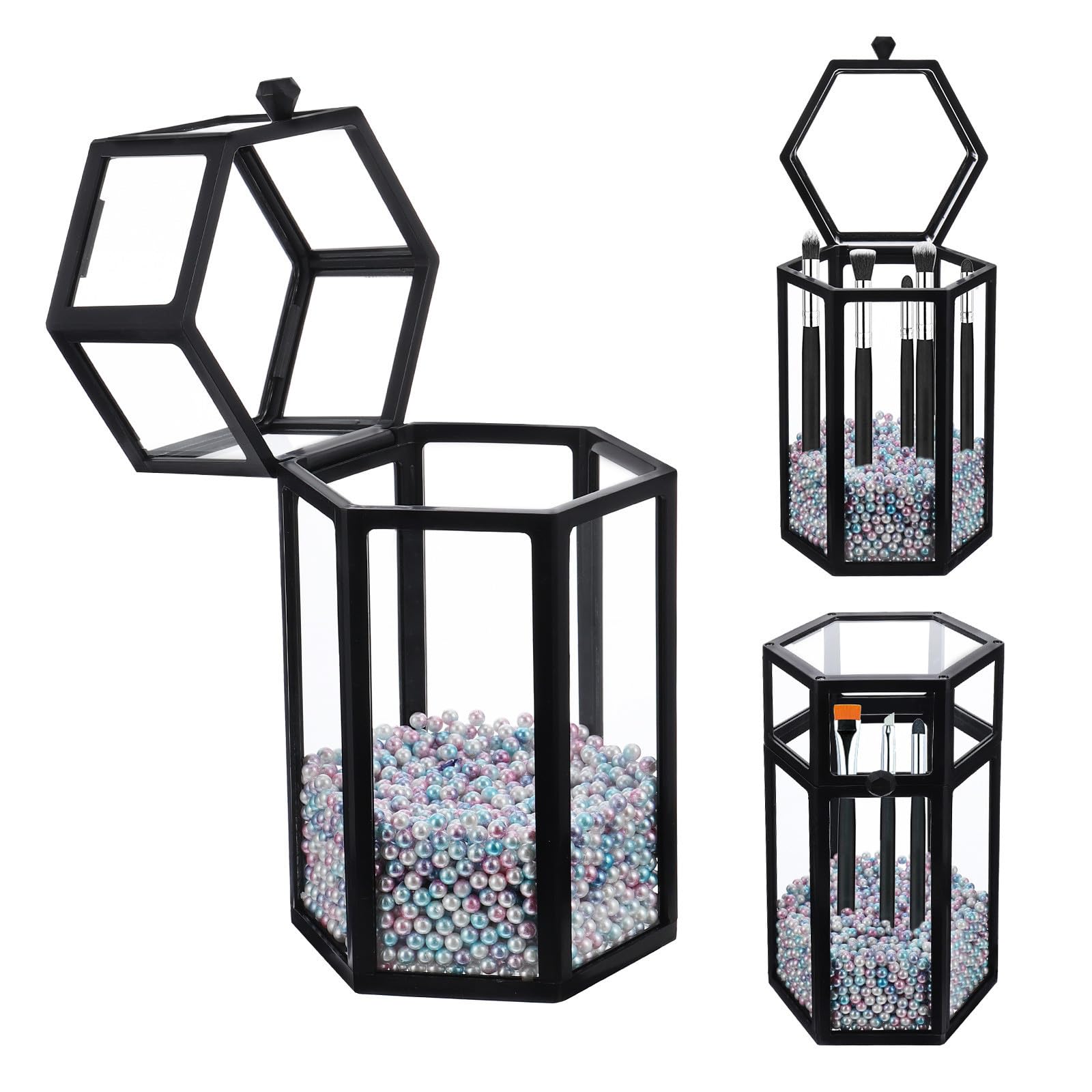 Caja Hexagonal de Maquillaje de Almacenamiento de Brochas de Vidrio Negro