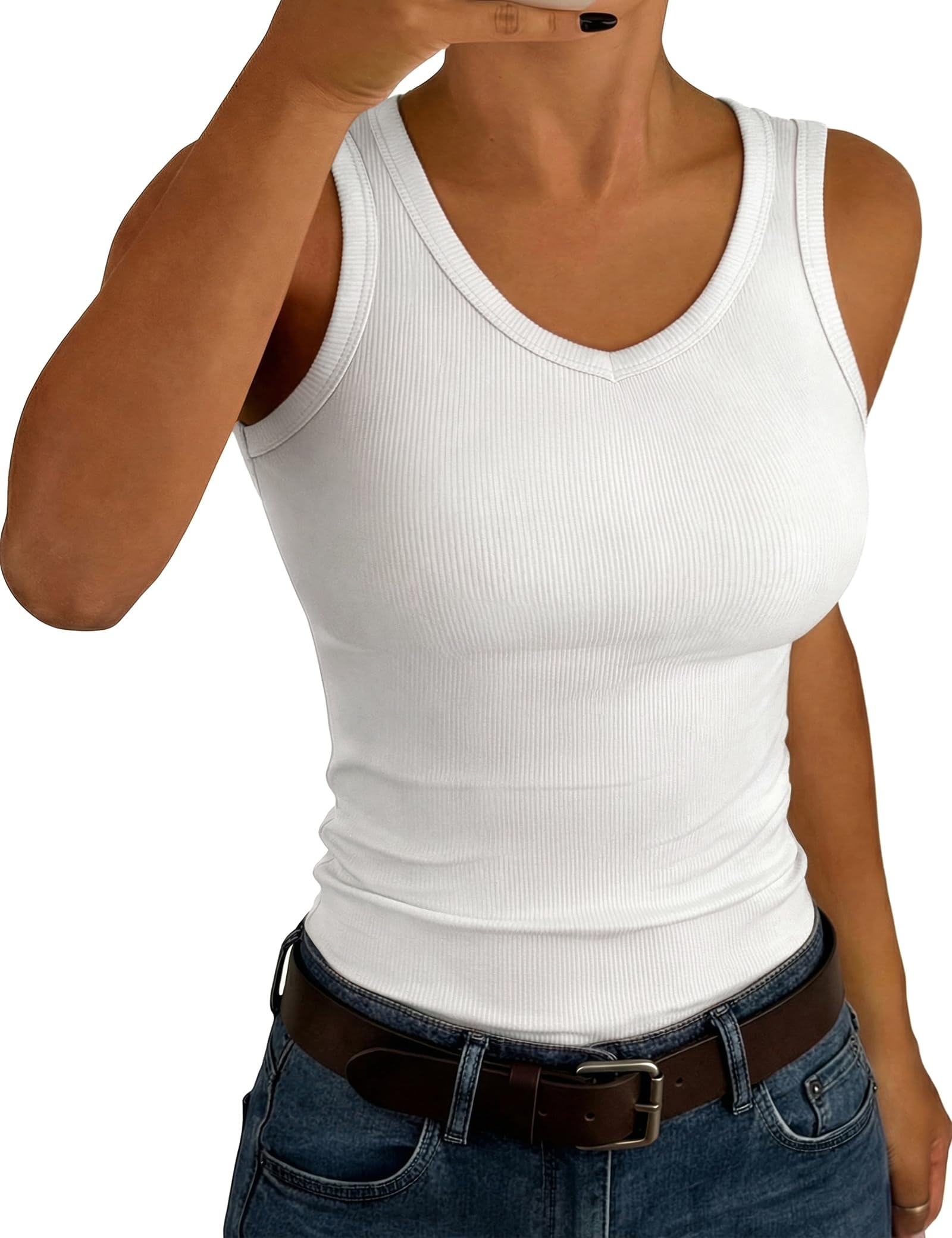 Aottori Tank Top Damen V-Ausschnitt Sommer Oberteile Ärmellos Gerippt Slim Fit Tanktops Sexy Stretch Basic Unterhemd Casual Einfarbig