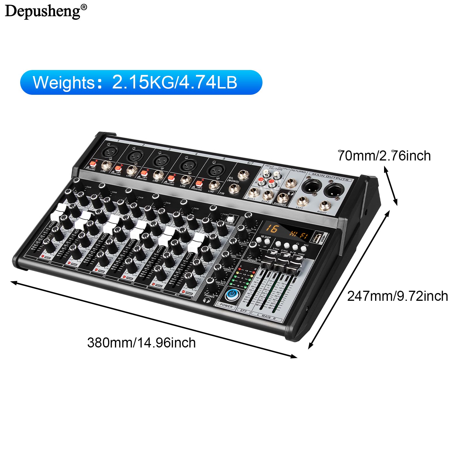Depusheng Professional Audio Mixer, 7 Channel Audio Interface Sound Board Mixing Console System, 16-Bit DSP DJ Bluetooth Mixer +48V Phantom Effect For Karaoke Studio Streaming Recording (XT7)