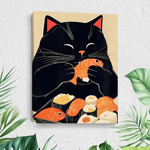 Vista 22 de Divertido arte de pared enmarcado con gato, imagen abstracta para beber café, lindo gato retro, decoración de pared, póster de lienzo adecuado