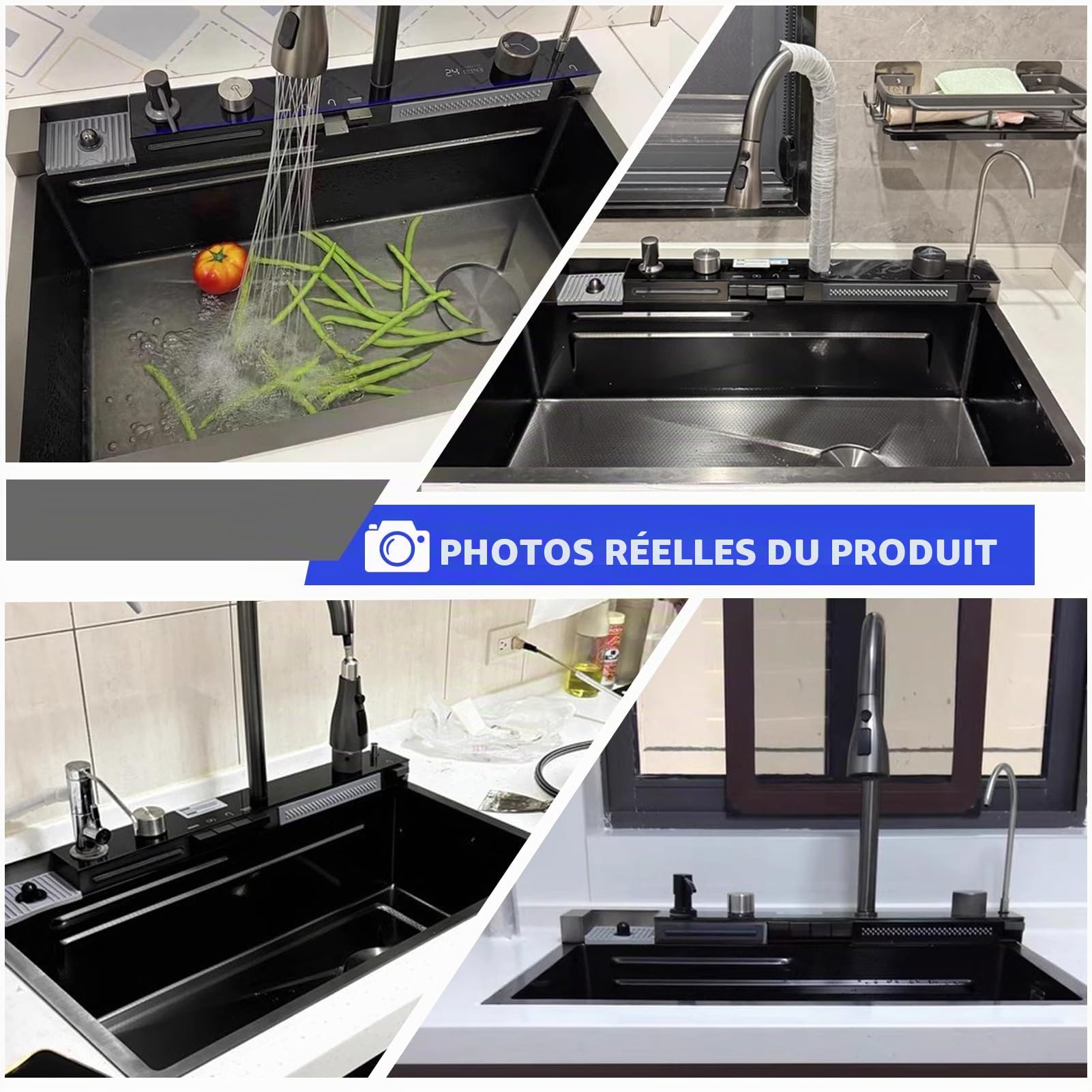 Station de travail en forme de cascade de 80 x 50 cm pour évier de cuisine, évier de cuisine mono-bac en acier inoxydable anthracite noir avec robinet escamotable intégré et affichage numérique