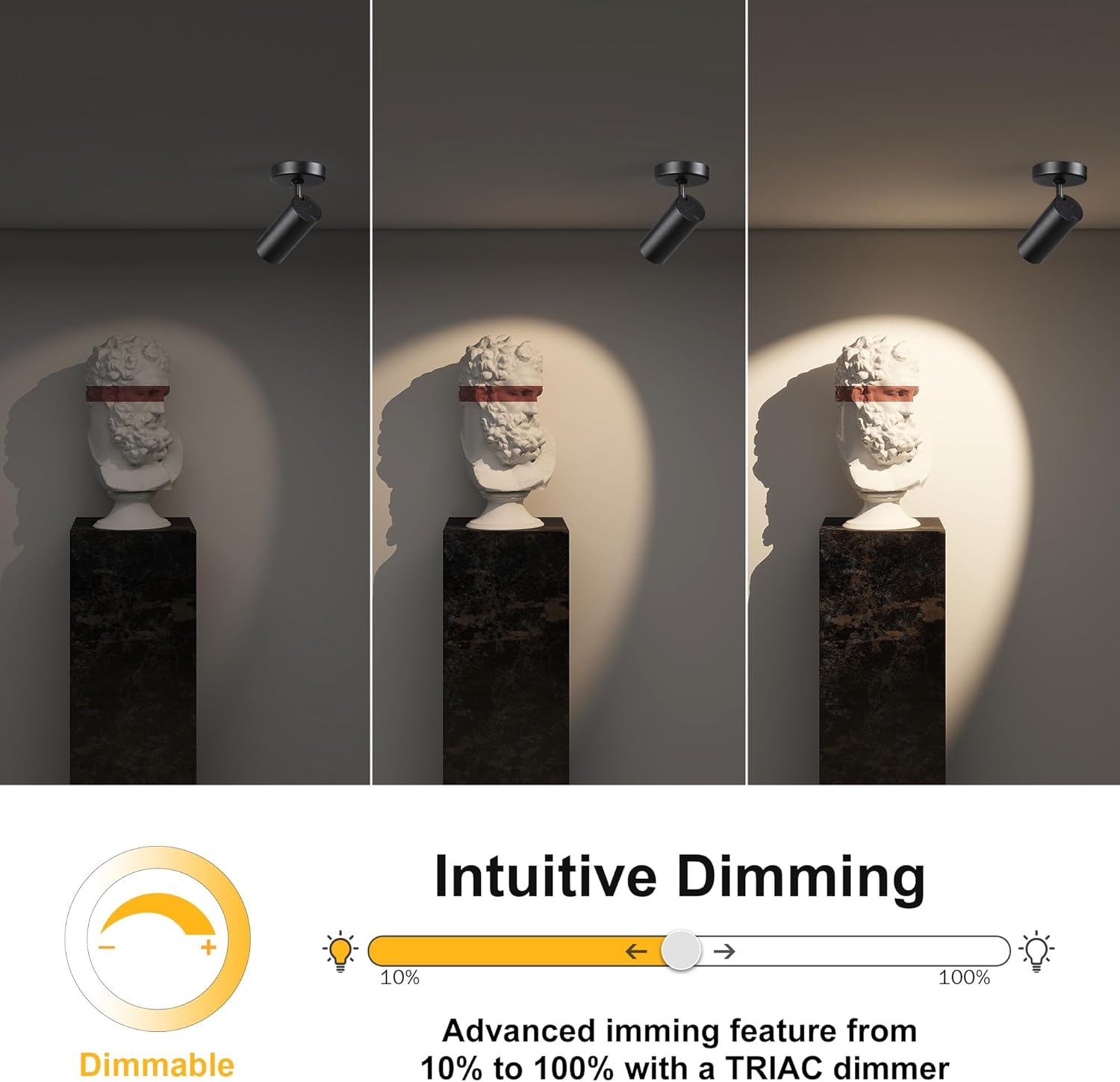 12W LED Dimmable Ceiling Spotlight Indoor - Adjustable Surface Accent Lamp for Corridor, Living Room, Warm White 3000K, CRI 97, Anti-Glare Picture Artwork Spot Light, Black 2 Packs