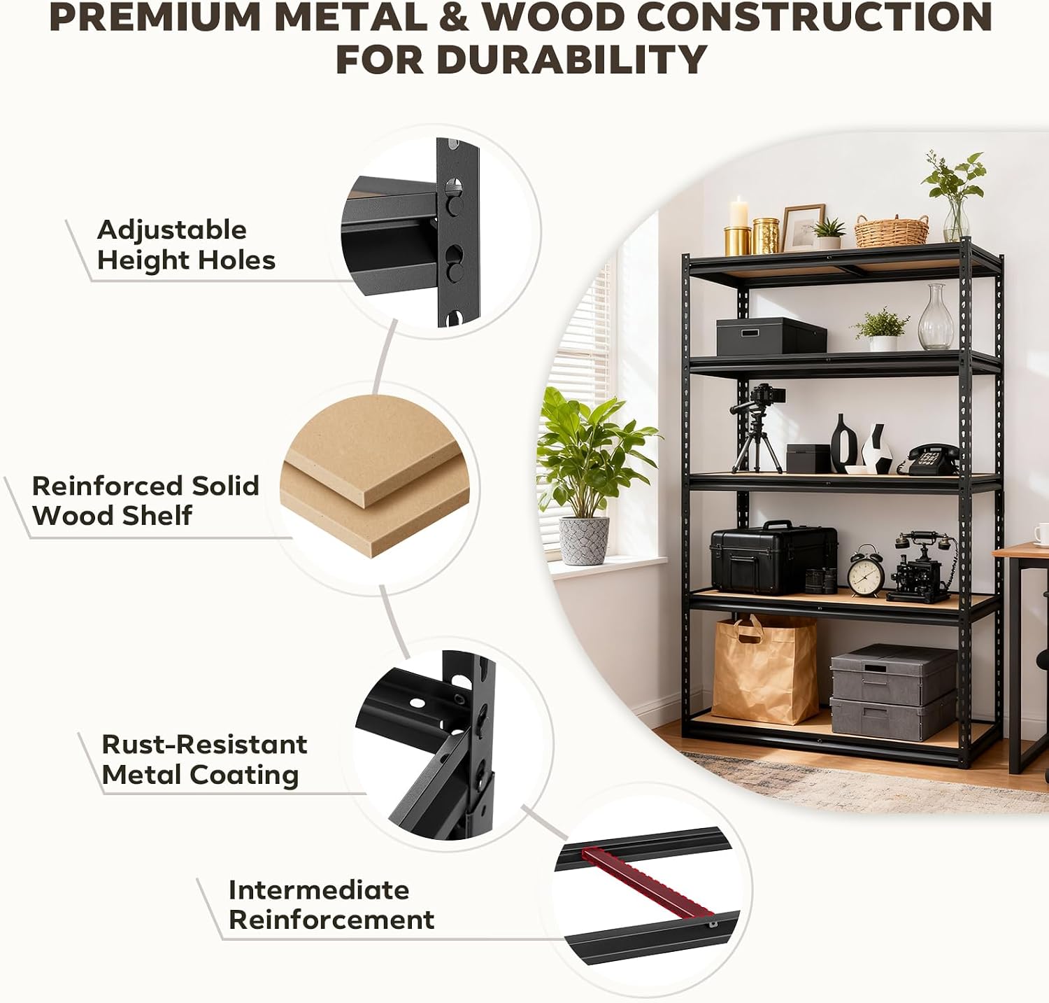 2000LBS Storage Shelves 5 Tier Garage Shelving Heavy Duty, Adjustable Metal Shelving Unit, Garage Shelves for Basement, Warehouse, Pantry, 72" H x 40" W x 20" D, Black